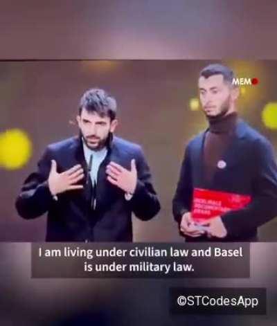 'No Other Land' a film about Israeli settler violence wins best documentary at the Berlin film festival.
Israeli journalist and co-director Yuval Abraham
says Israeli apartheid 'has to end' during his
acceptance speech