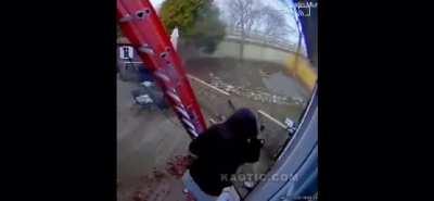 Using a ladder on a slippery deck with nobody holding it is never a good idea.