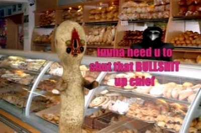 Two masked men fight over bread