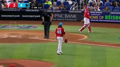 [Highlight] [Highlight] Kyle Schwarber strikes out on a full count with a pitch clock violation to end the top of the seventh.