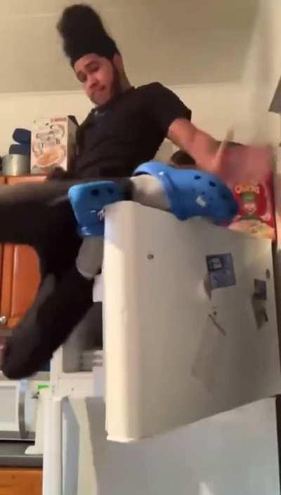 This guy learns a valuable lesson on why you shouldn't climb on top of fridges.