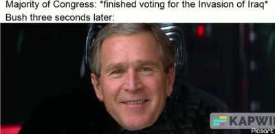 The Iraq Resolution took place in October 2002, where nearly all of congress voted in favor of invasion. With 9/11 and the (at best) dubious claims of a Saddam-Bin Laden connection, Bush Jr could finally finish what his father didn’t in 1991