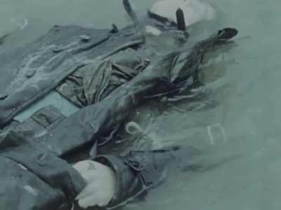 The remains of a Soviet airman in a river on the Eastern Front in 1942