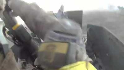 .50 cal Gunner POV of a Ukrainian Humvee storming a Russian held village