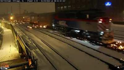Chicago puts its tracks on fire so that they don’t freeze. This method is routinely used to avoid the disruption of train services during the cold winter months. (More details in the comments)