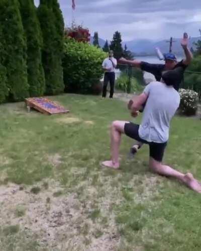 WCGW trying to kick a beer bottle off or your friends head?