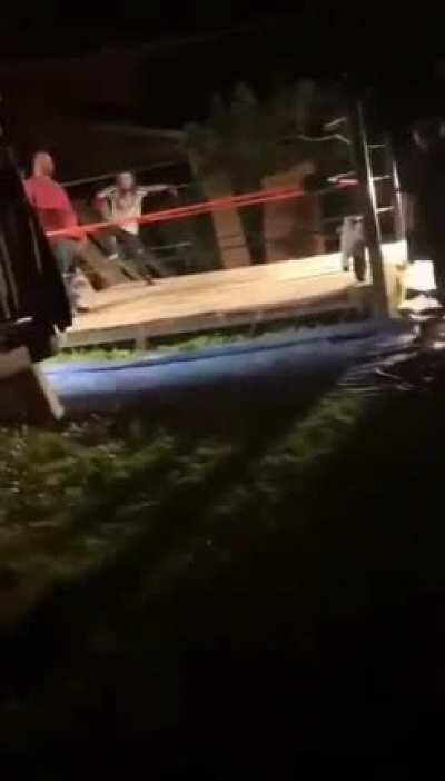 WCGW jumping down the boxing ring ropes