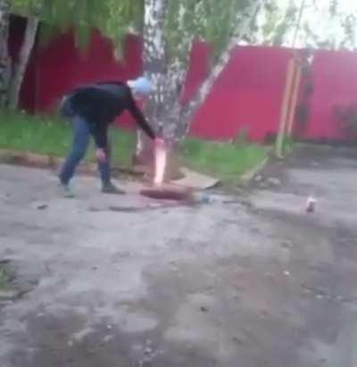 Throwing fire down a hole filled with flammable methane gas