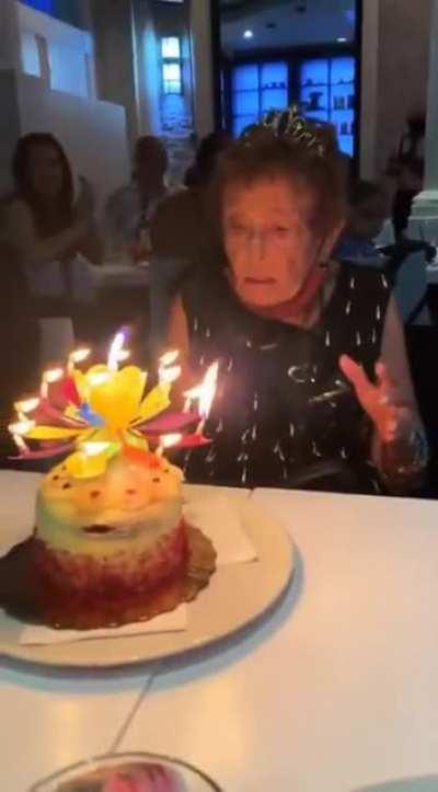Grandmother reaction in birthday celebration