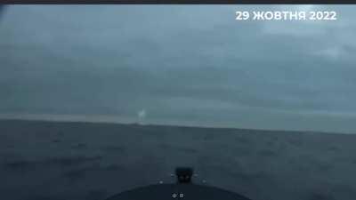 Naval suicide drones hitting a Russian Project 11356R in Sevastopol port this morning. Other drones being destroyed by Russian fire.