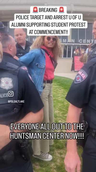 In an attempt to crush our movement police target and arrest U of U alumni standing in solidarity with students fighting for divestment from the Israeli war machine. This happens two hours ago by the way. If anyone can help, please do so. This is in Salt 