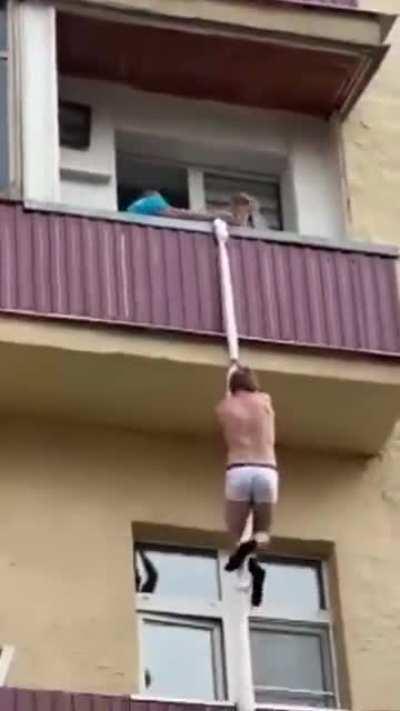 Lover escaping from the balcony