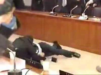 Angry Japanese politician shows off his Judo skills