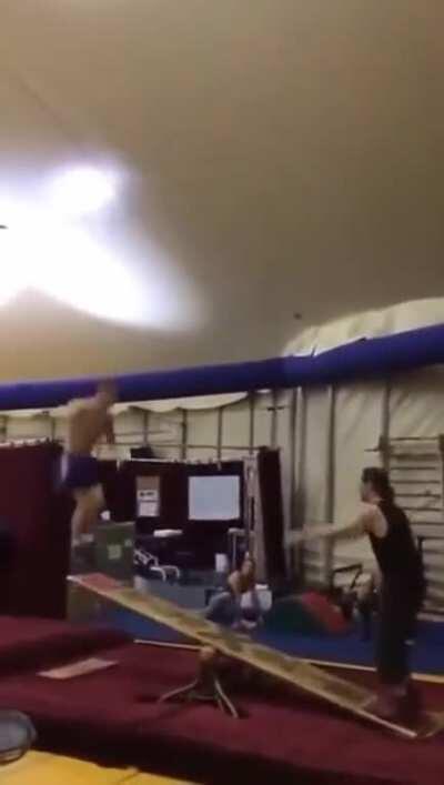 Two Men using a Springboard as a SeeSaw and Perform Acrobatics