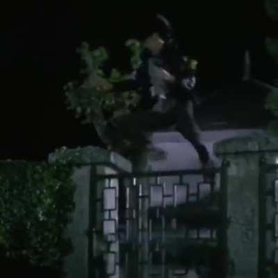 Jackie Chan doing parkour in movies.