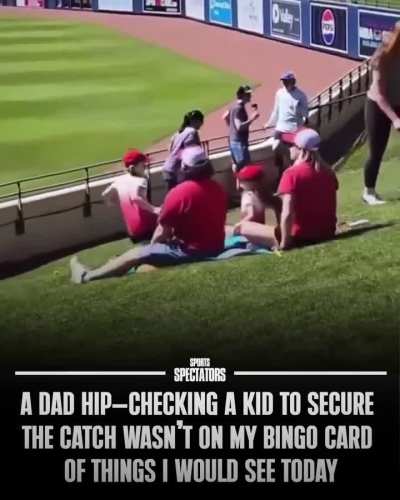 A father at a baseball game hip checks a teen to help his kid's catch the ball. They still didnt get it though.