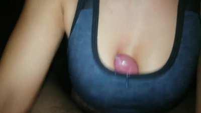 Finishing him inside her bra