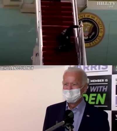 Remember when Biden (and the media) made fun of Trump for walking cautiously down a wet ramp and he said to watch him climb ramps?