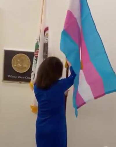 Democrat Marie Newman of Illinois puts a trans pride flag in front of Marjorie Taylor Greene’s office