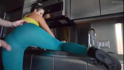 Pushing cock though yoga pants, ass job?