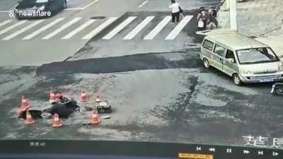 City workers in China accidentally ignite sewer vapors.
