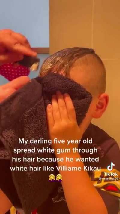 Kid puts gum in his hair to dye it white in the hope of looking like his favourite NRL player