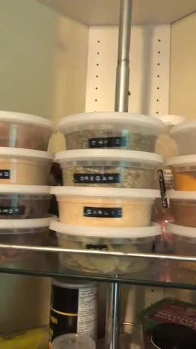 Spices newly organized thanks to some deli cups and and an analog label maker.