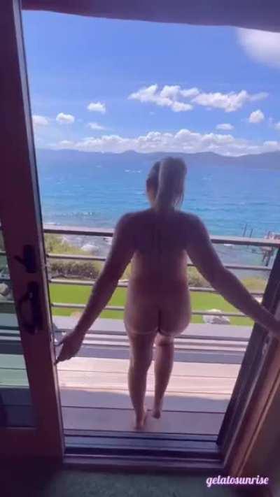 Sneaking out on the balcony on a busy lake day :) [gif]