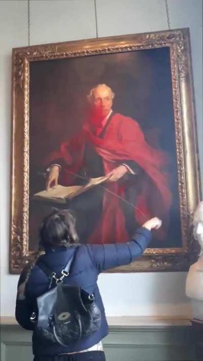 Palestine Action rightfully destroys (war)Lord Balfour's painting in Trinity College, University of Cambridge who began the ethnic cleansing of Palestine by promising the land away