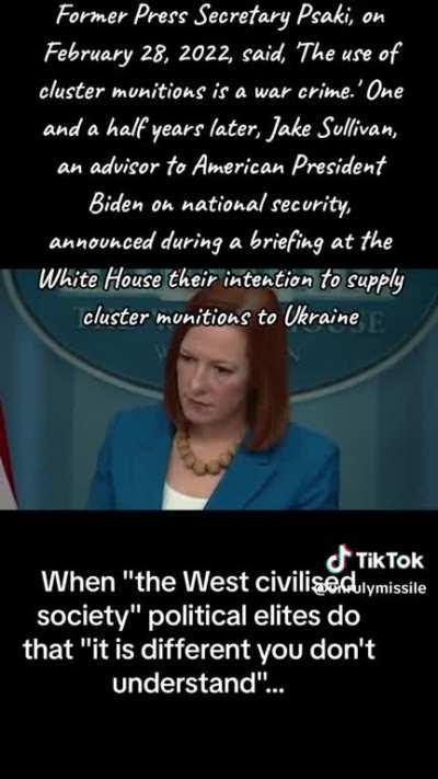 Biden confims planning send Cluster munitions to Ukraine. But in February 2022 WhiteHouse confirmed (use of) Cluster munitions constituted war crimes? 