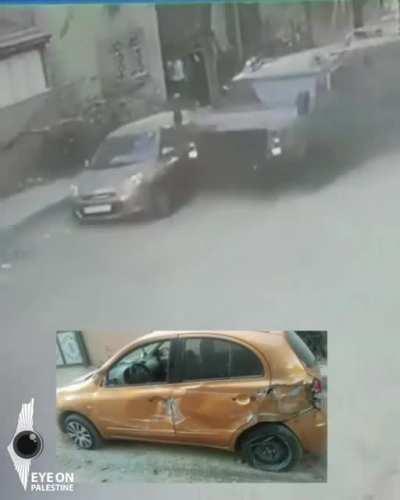 Israeli military driver deliberately swerves to hit a car belonging to a Palestinian in Qalqilya this morning