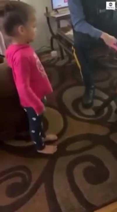 Police officer in NJ surprised a little girl with a brand new toy stroller for her doll after he broke her old one while freeing her from it.