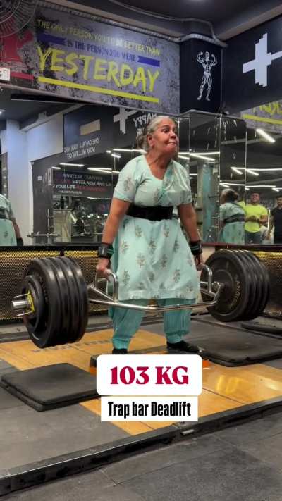 Trap bar deadlift (103 kg) by a 70-year old woman