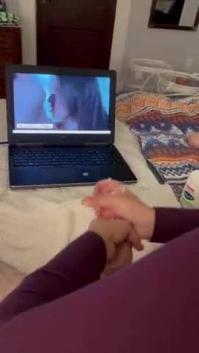 Mommy jerk daddy off to lesbian porn 💦💦💦