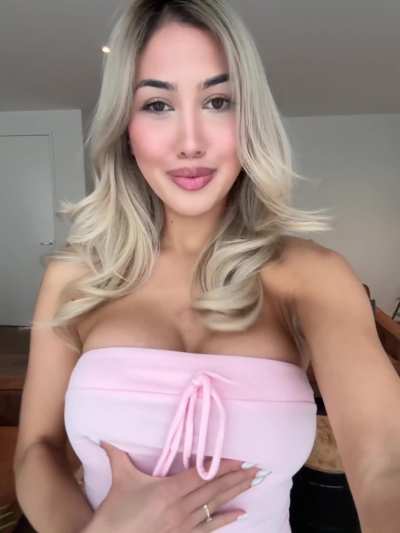 Playing with my titties and teasing you to get your cock hard baby