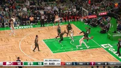 [Highlight] Marcus Smart seems to flop during a rebound attempt and Clint Capela grabs the rebound instead for the easy layup.