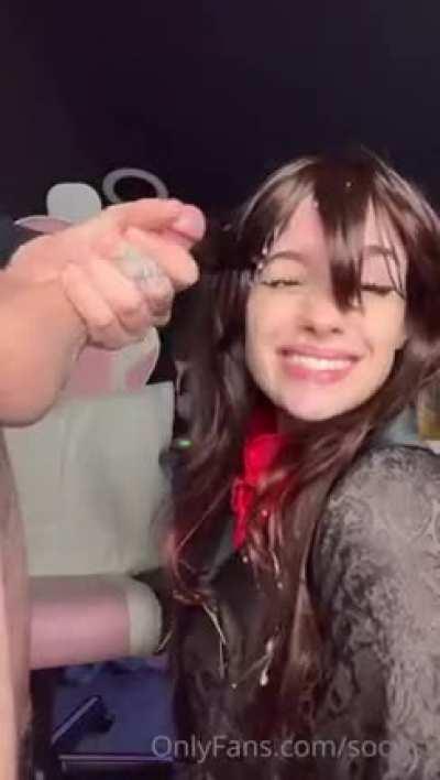 Cum slut takes a monster load on her face