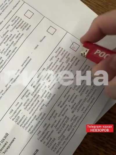 Simple video for those who think Russian elections aren't rigged. In voting places they give people pens with fire removing ink. Other pens are forbidden to bring 