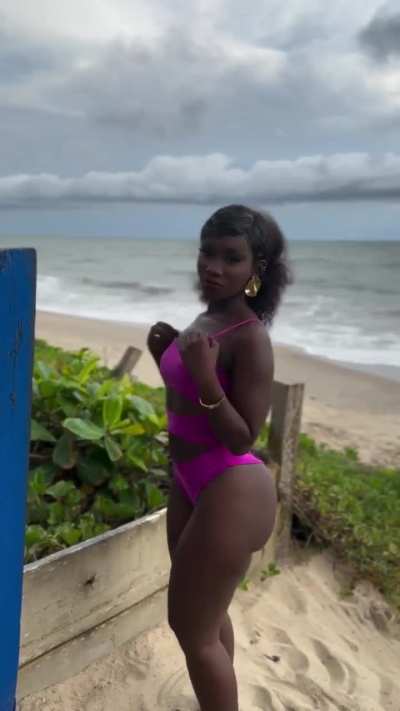 Melanin beauty in Bright pink swimsuit [Ariana]