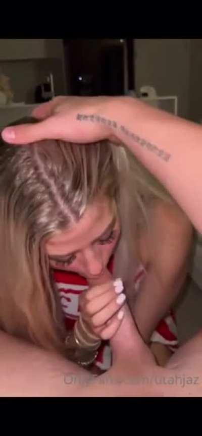 Blonde cheerleader gives head