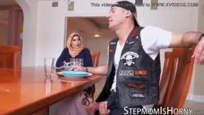 Arab mom rides cock while stepdaughter licks balls