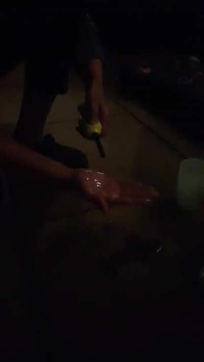 My brother thought to use hand sanitiser as a safe way of lighting his hand on fire.