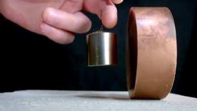 Copper isn’t magnetic but creates resistance in the presence of a strong magnetic field, resulting in dramatically stopping the magnet before it even touches the copper.