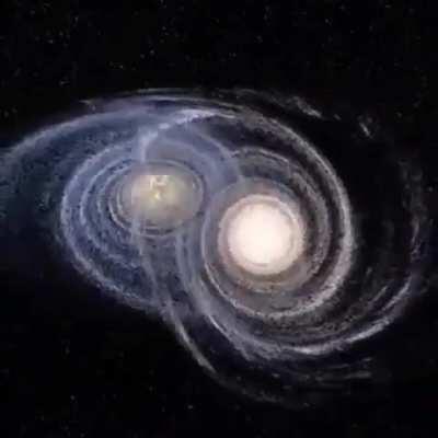 4 billion years from now, our galaxy, the Milky Way, will collide with our large spiraled neighbour Andromeda. Here's an animation of what it'll look like.