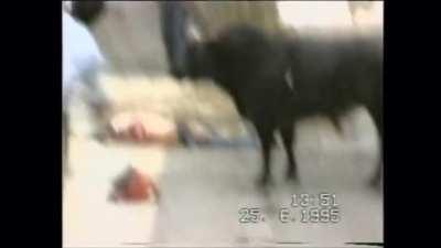 Bull with a spear hanging out of its neck absolutely obliterates woman.