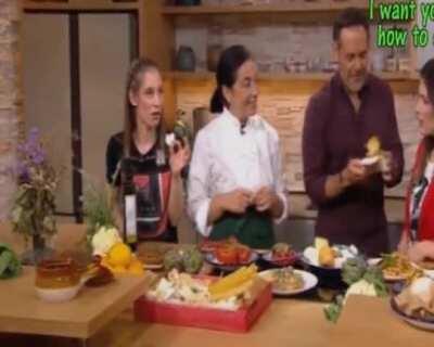 Eating uncooked ravioli on live tv