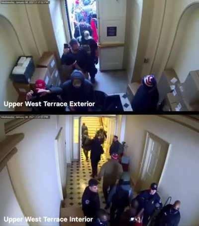 [No Sound][J6] Newly released security video appears to show a DC Police officer wave a patient mob of conservative/Republican protestors into the US Capitol during the mostly peaceful occupied-protest of January 6th (1:00 in video)