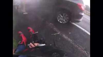 INSANE shocking highway crash with ambulance after initial motorbike crash
