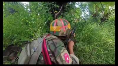 Wild Tiger and Shwebo PDO (Myanmar/Burmese PDF auxillary militias) rebels use a PKT machine gun and Type 81 rifles against junta forces near Sadaung (October 20)