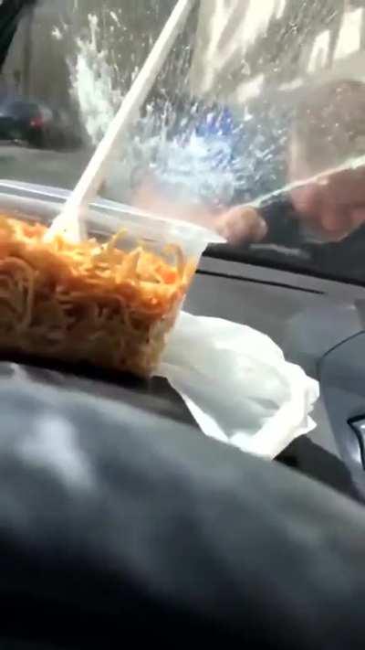 Perv sniffs and licks a woman’s car during her lunch break. She’s forced to drive away while he clings onto the hood of her car.